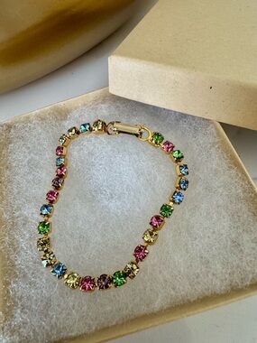 Gold Multicolor Crystal Tennis Bracelet , Bezel Set - Women Jewelry. 7” long